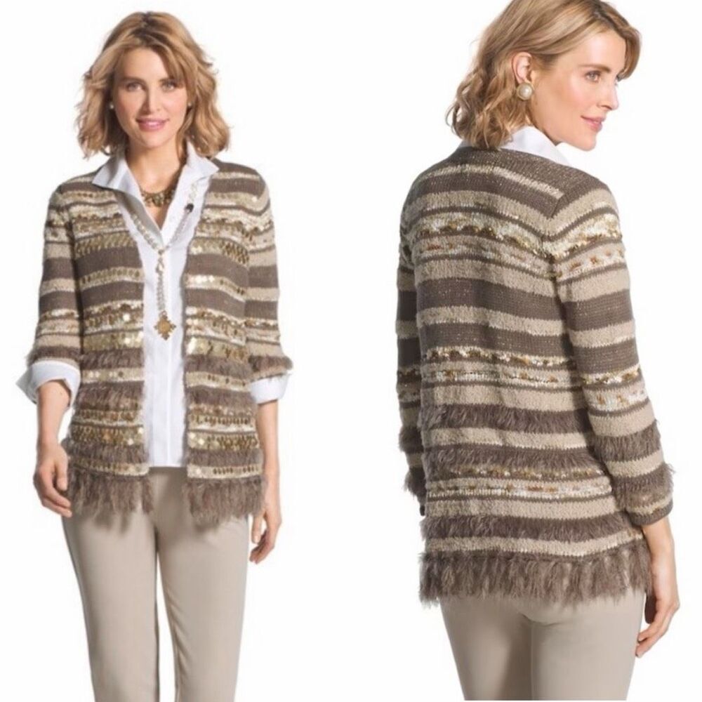 NWT Chico's Greta Open Front Sequins Fringe Cardigan Large